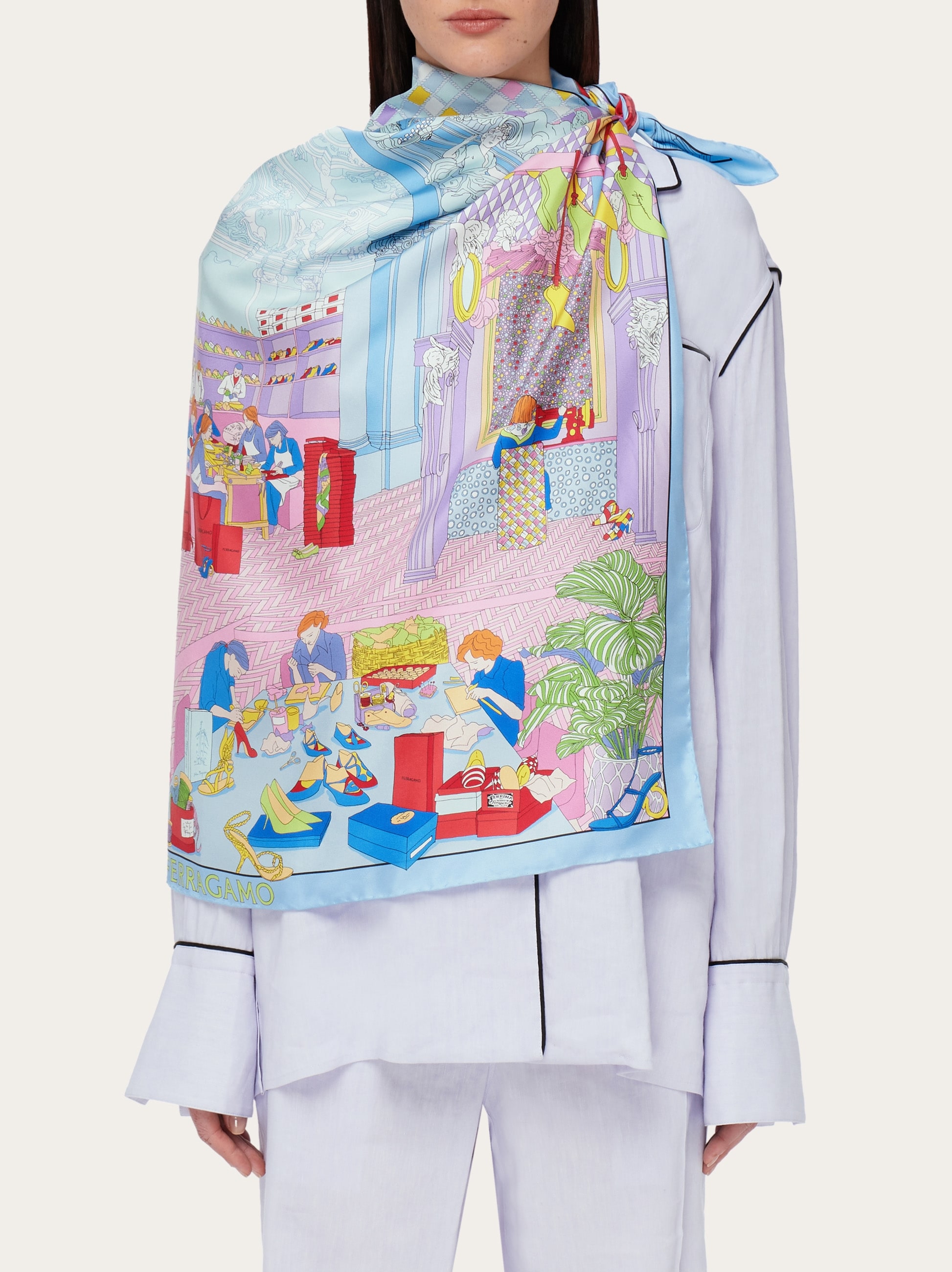 スカーフ FERRAGAMO SCARF (310216785339 ROSAGIALLO) Salvatore Ferragamo Scarf Blue Pink Atelier Design - Twill