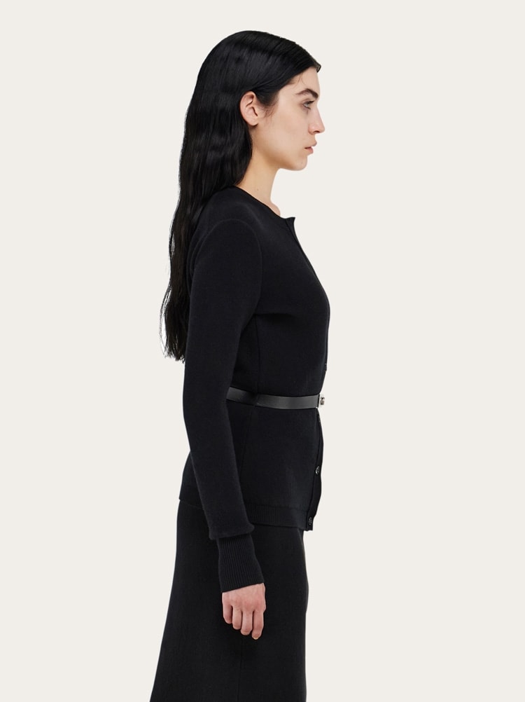 Pure wool cardigan with leather belt Gallery image 3