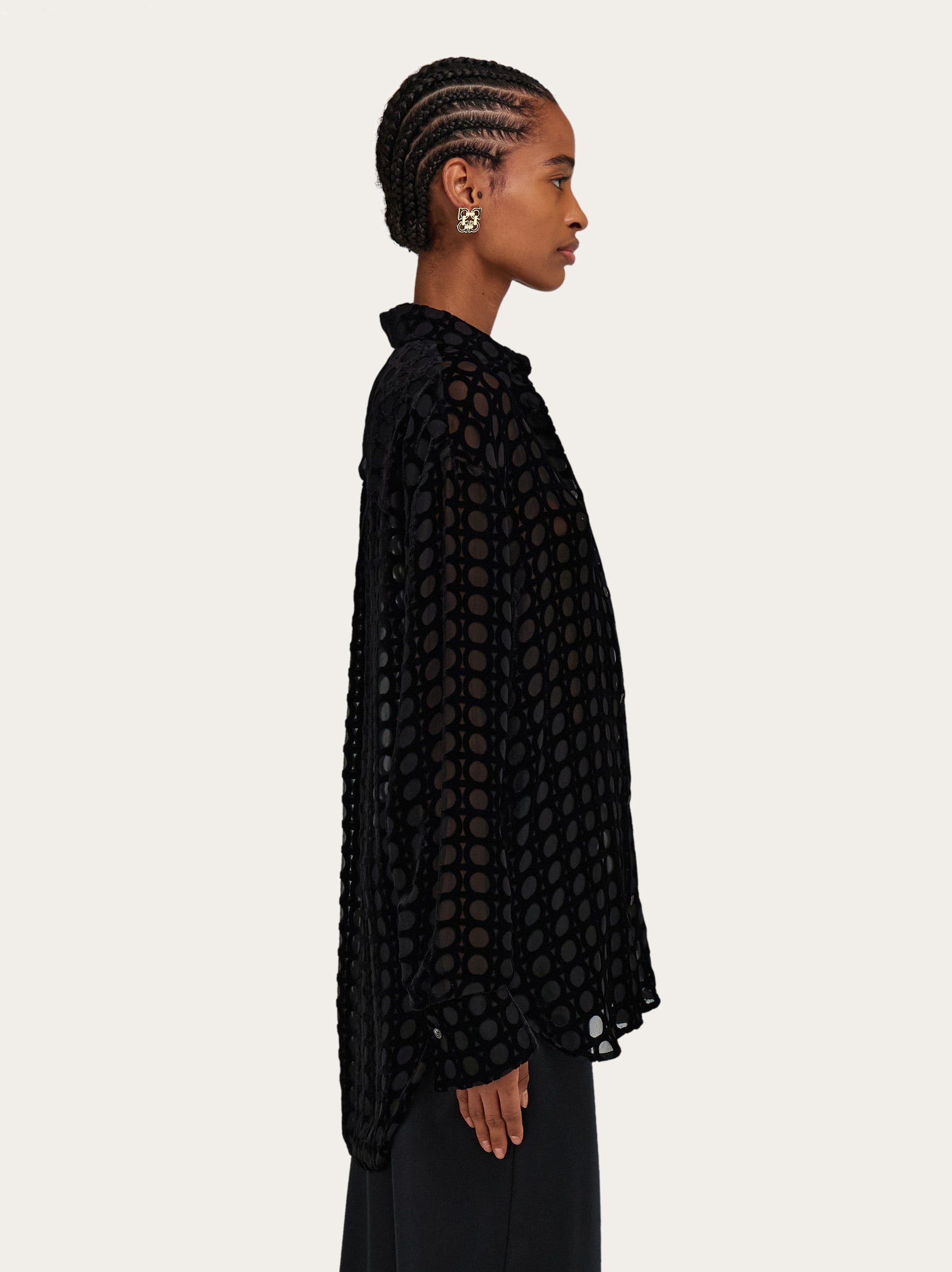 [未使用級]フェラガモ　ブラウス　ガンチーニ　XLシルク　レザー　タッセル 未使用級]フェラガモブラウスガンチーニXLシルクレザータッセル