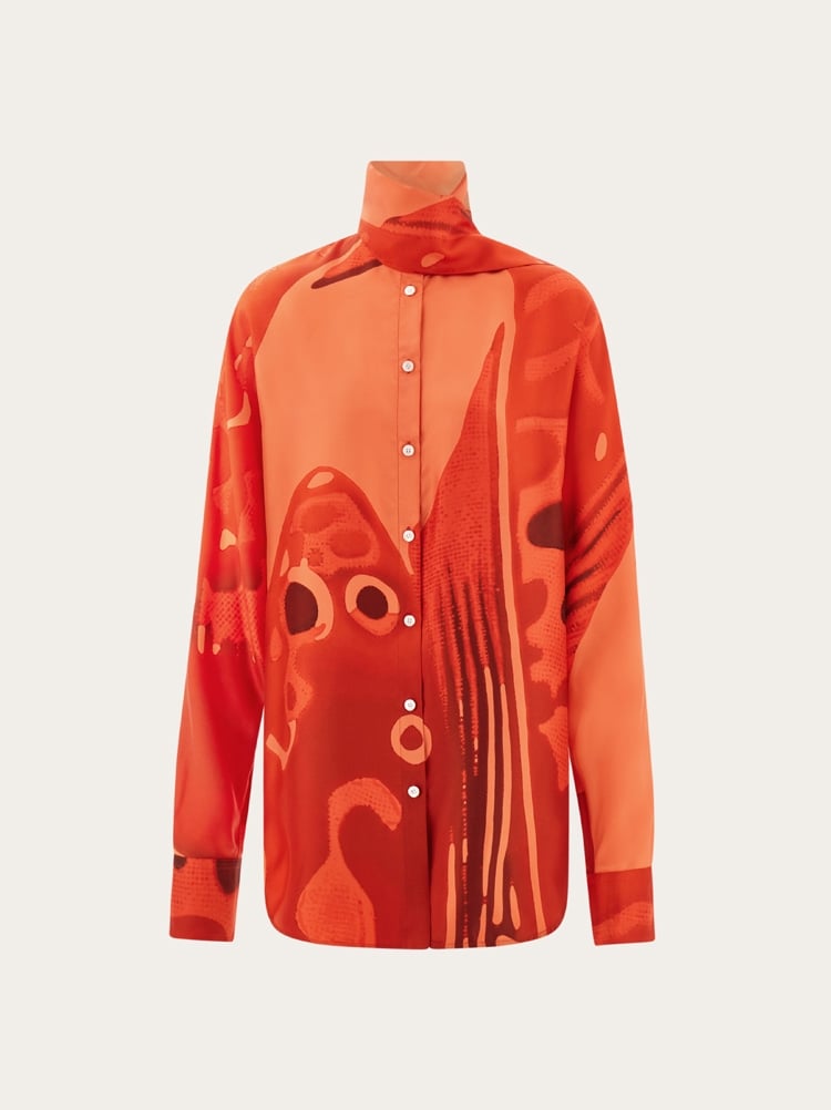 Fish print silk shirt with sash Gallery image 1
