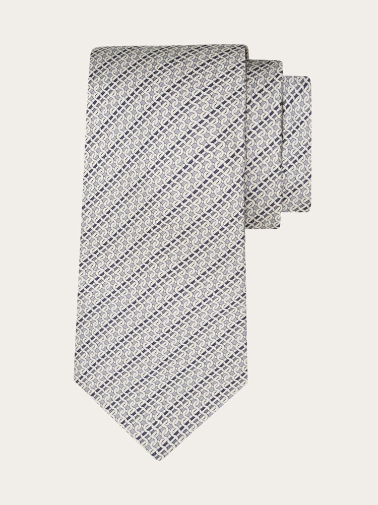 Printed silk tie with interlocking Gancini and regimental stripes Gallery image 1