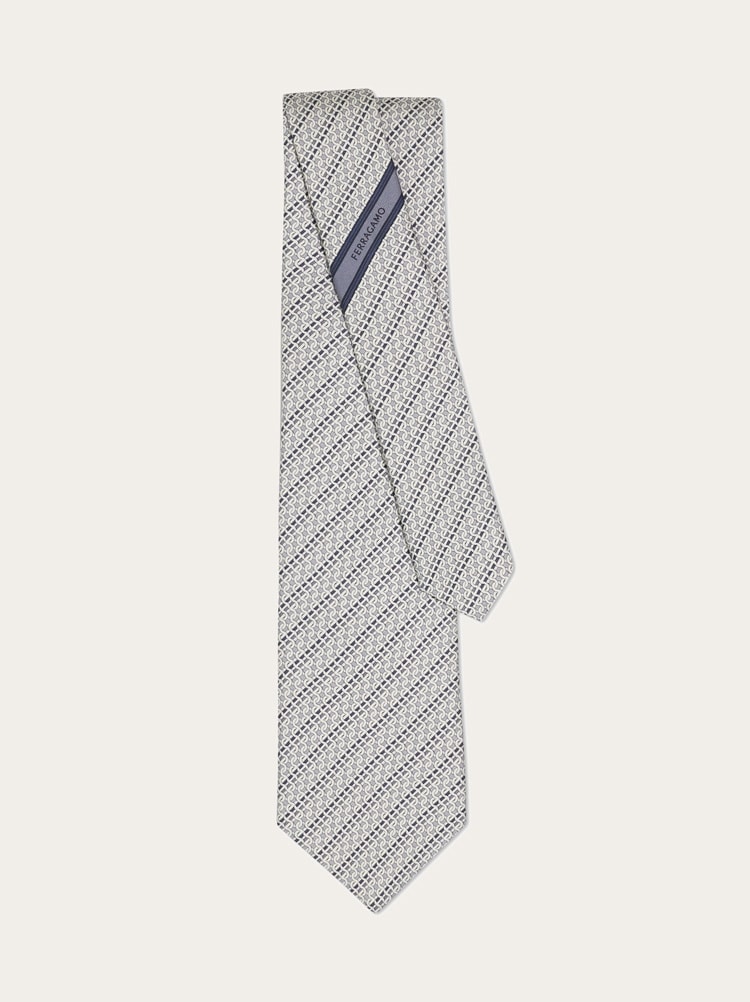 Printed silk tie with interlocking Gancini and regimental stripes Gallery image 3