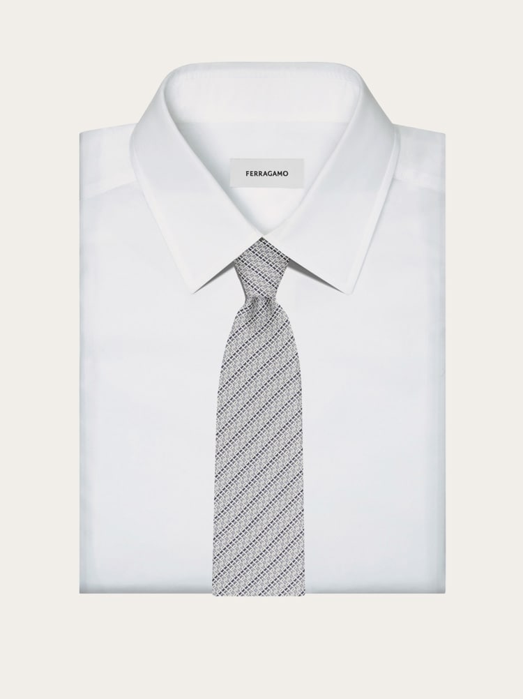 Printed silk tie with interlocking Gancini and regimental stripes Gallery image 4