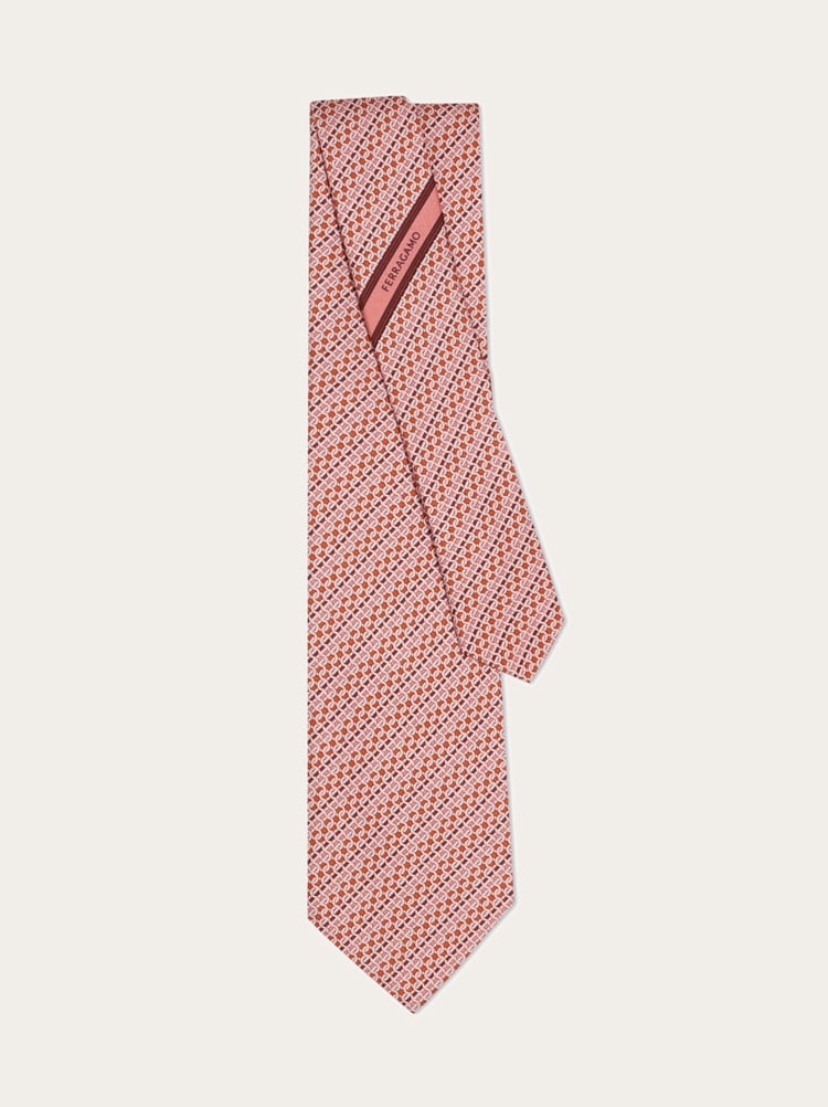 Printed silk tie with interlocking Gancini and regimental stripes Gallery image 3