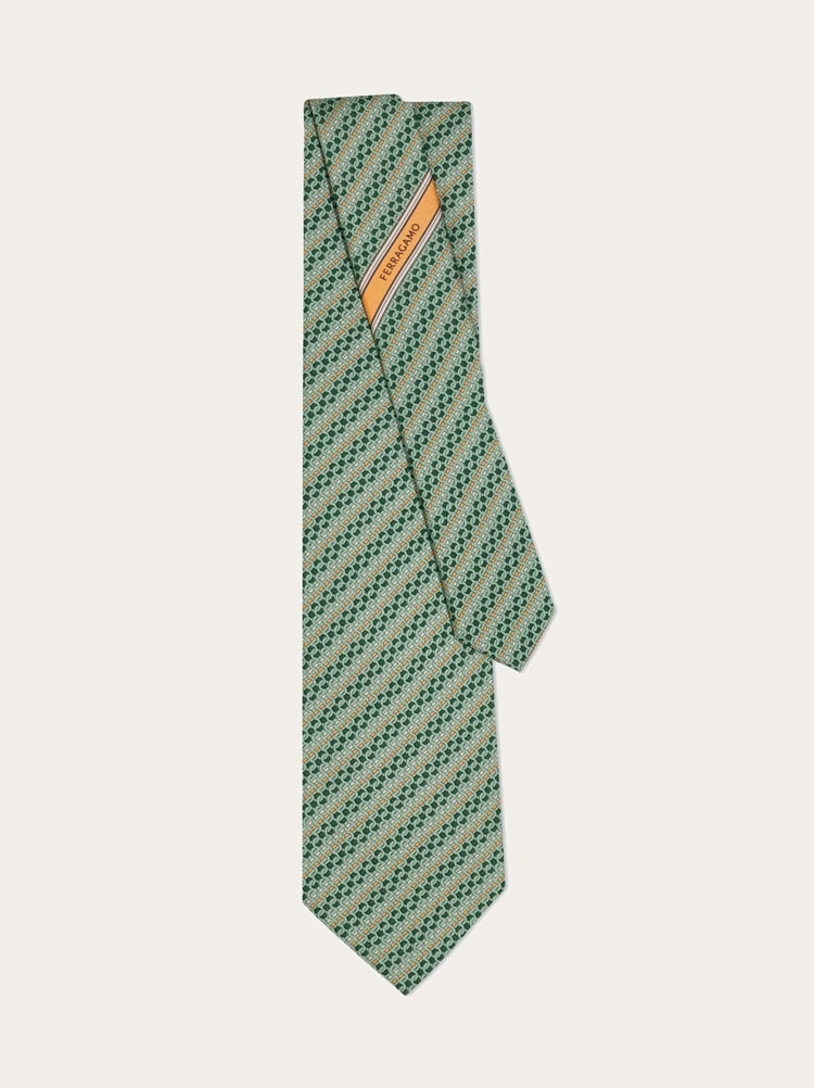 Printed silk tie with interlocking Gancini and regimental stripes Gallery image 3