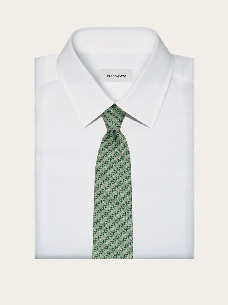 Printed silk tie with interlocking Gancini and regimental stripes Gallery image 4