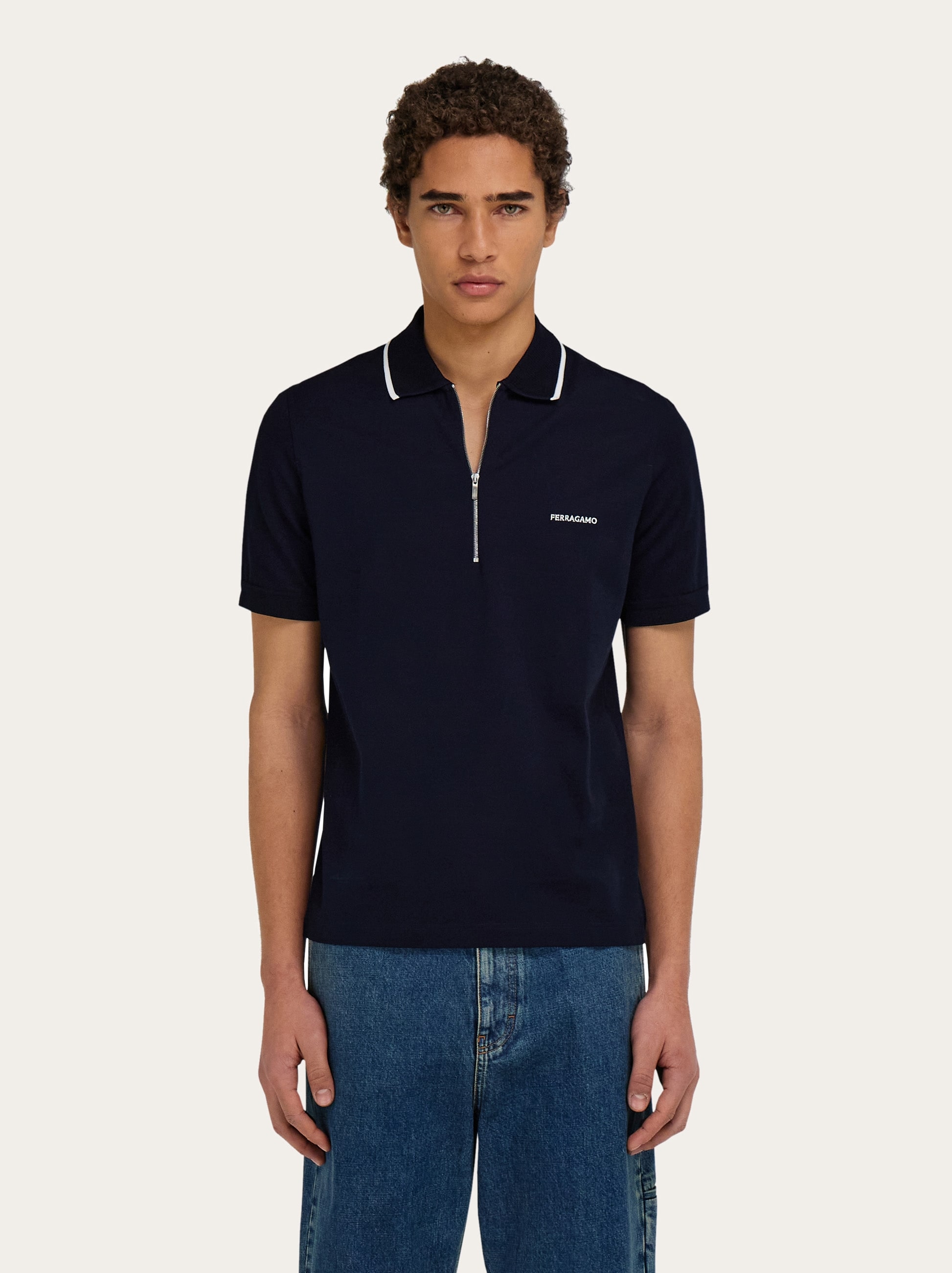 Tシャツ・カットソー FERRAGAMO FW25 Logo embroidery polo shirt (784281 NEWNAVY) Cotton polo shirt with zip closure - Men | Ferragamo
