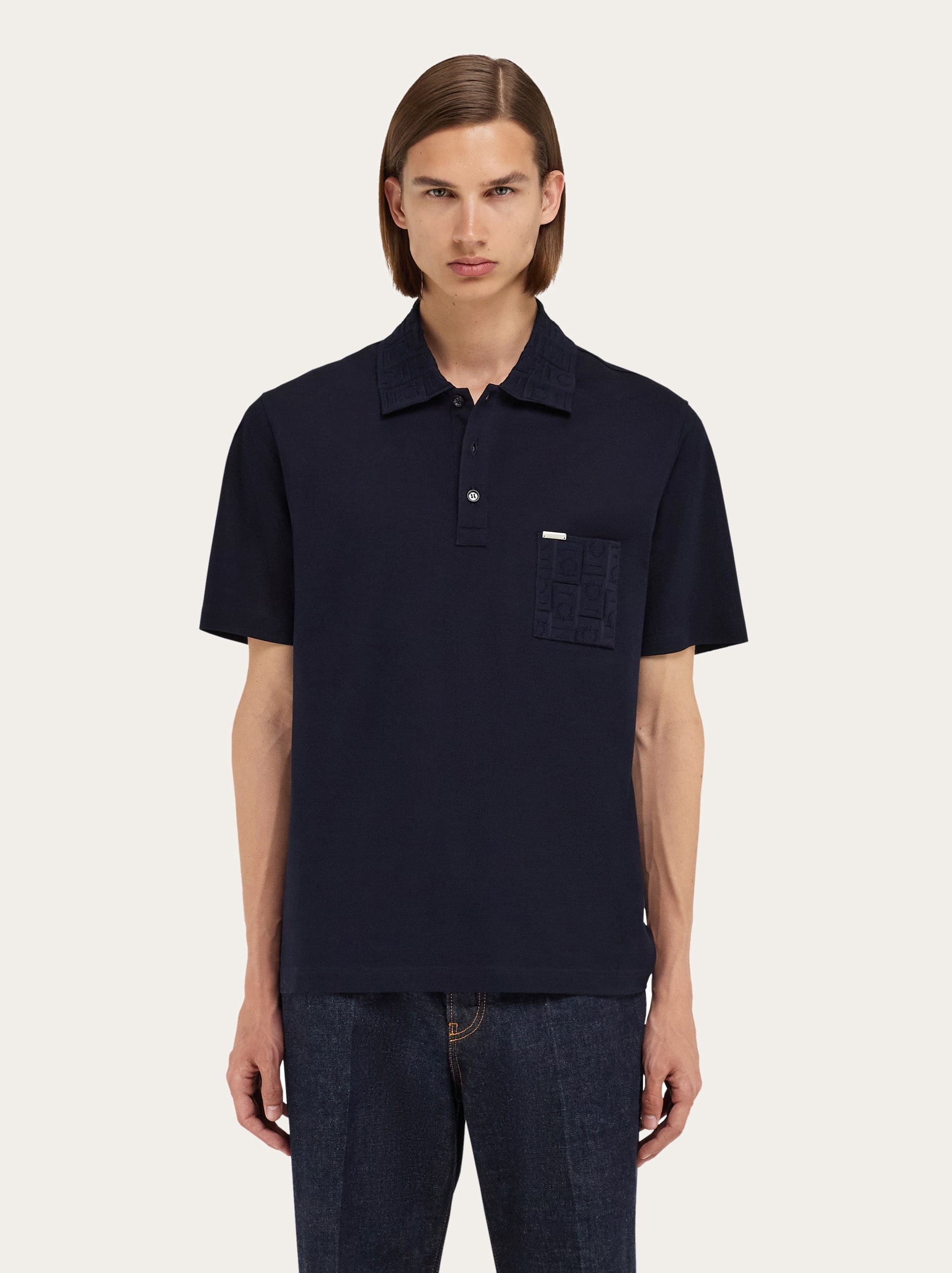 V-neck polo with jacquard pocket detail - Men | Ferragamo