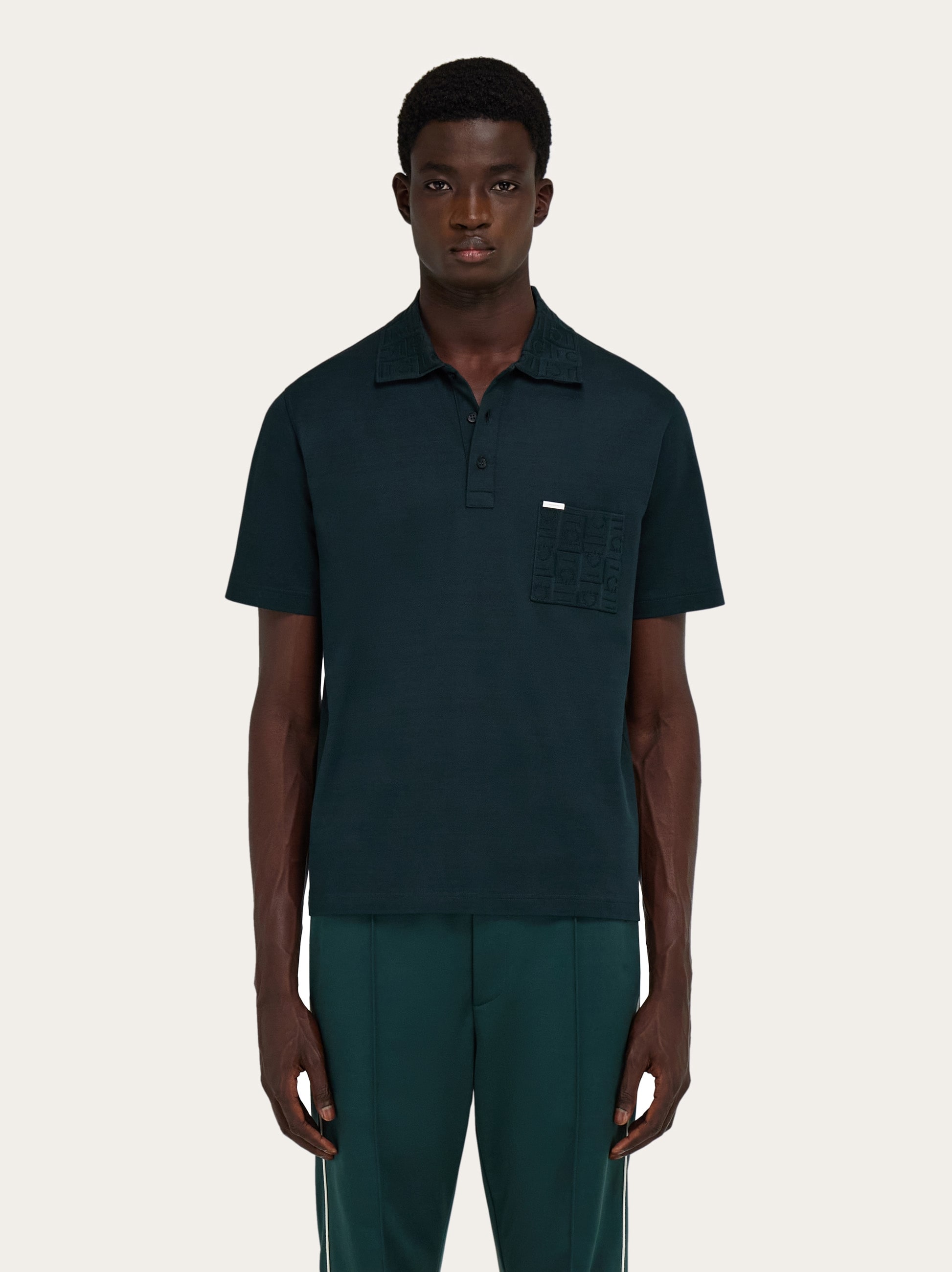 V-neck polo with jacquard pocket detail - Men | Ferragamo