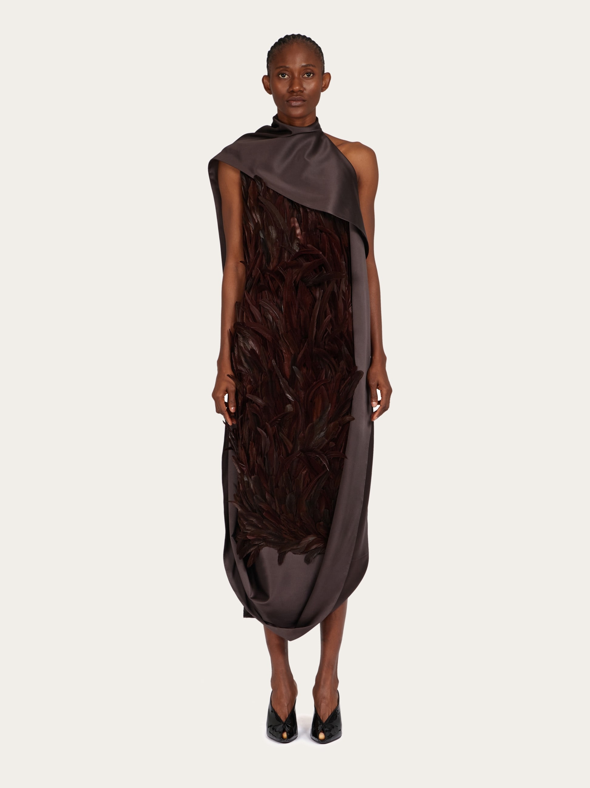 brown feathered dress Off Shoulder Feathers Brown Evening Dress with Cape Sleeves SS707