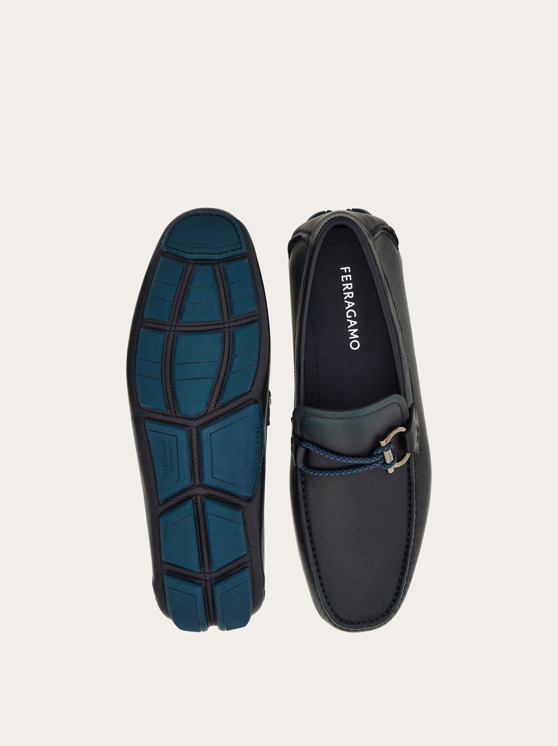 NEW SALVATORE FERRAGAMO men\'s gancini driver moccasins in marine blue Ferragamo Navy Gancini Ornament Driver Loafers Salvatore  main image 4