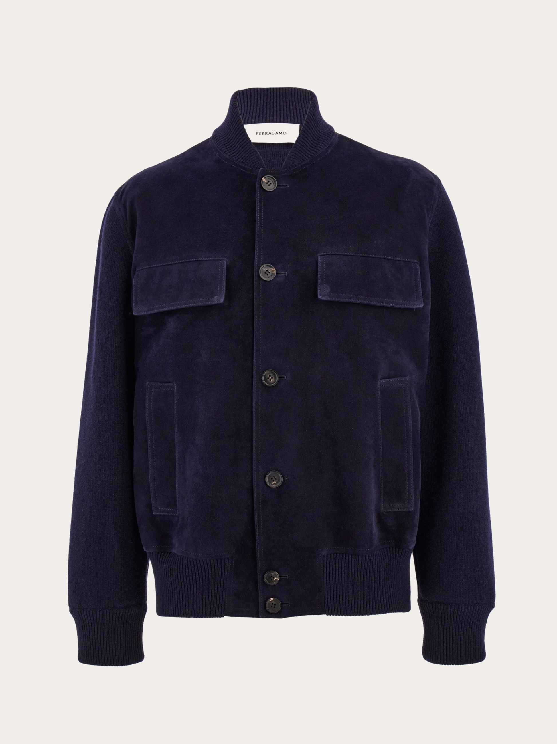 Salvatore Ferragamo ダークブルー スエードジャケット Suede bomber with knitted details - Men | Ferragamo