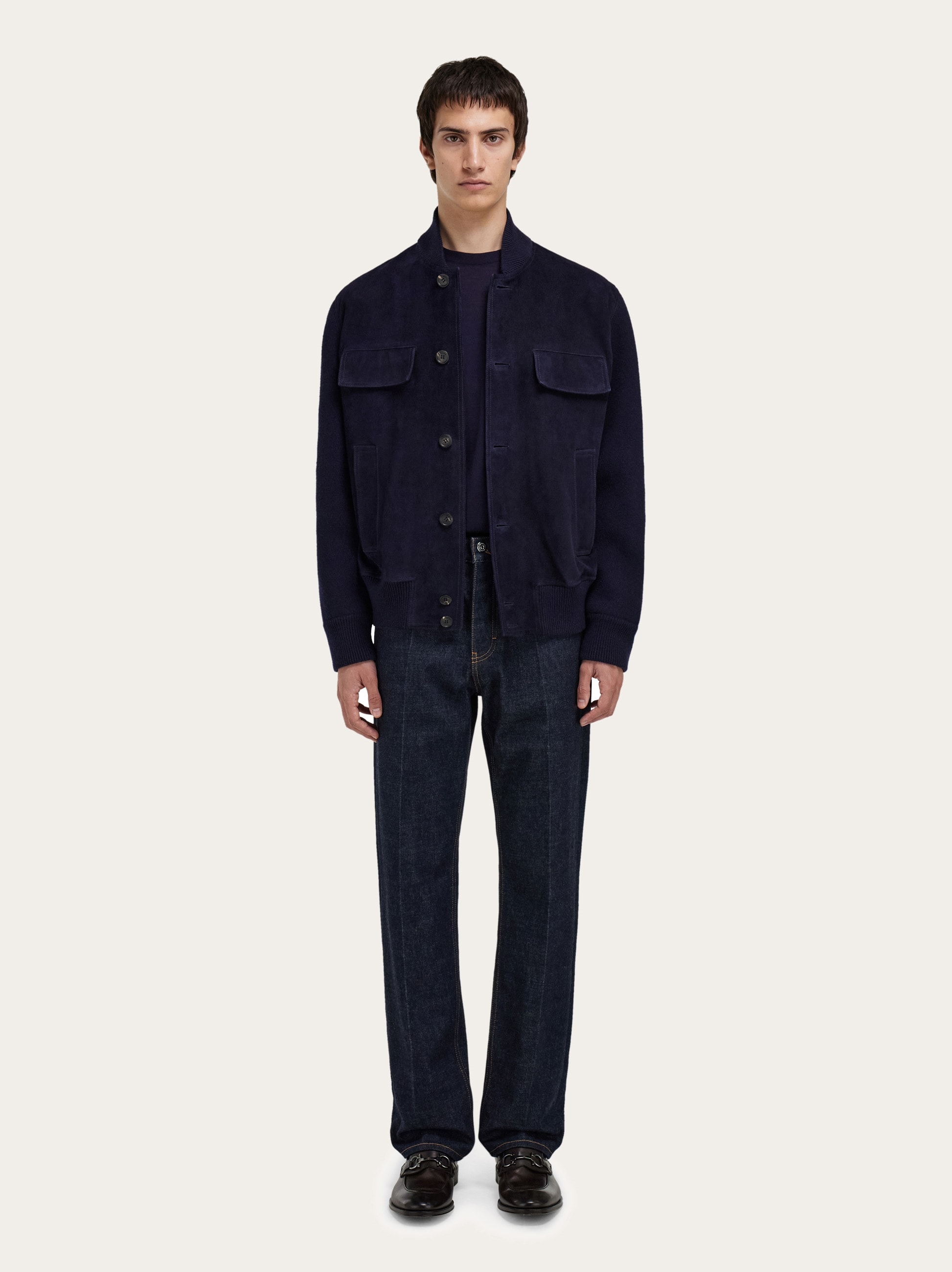 Suede bomber with knitted details - Men | Ferragamo