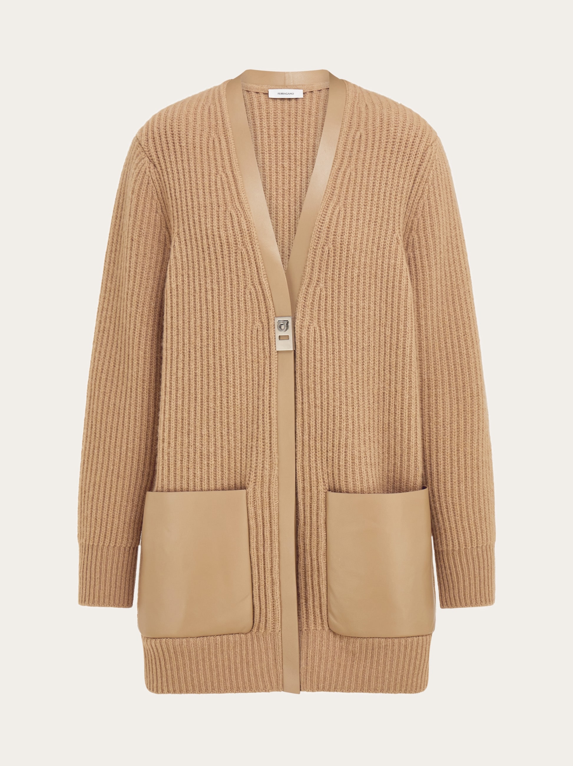 Salvatore Ferragamo ベージュカーディガン M Longline cardigan with leather trims - Women | Ferragamo