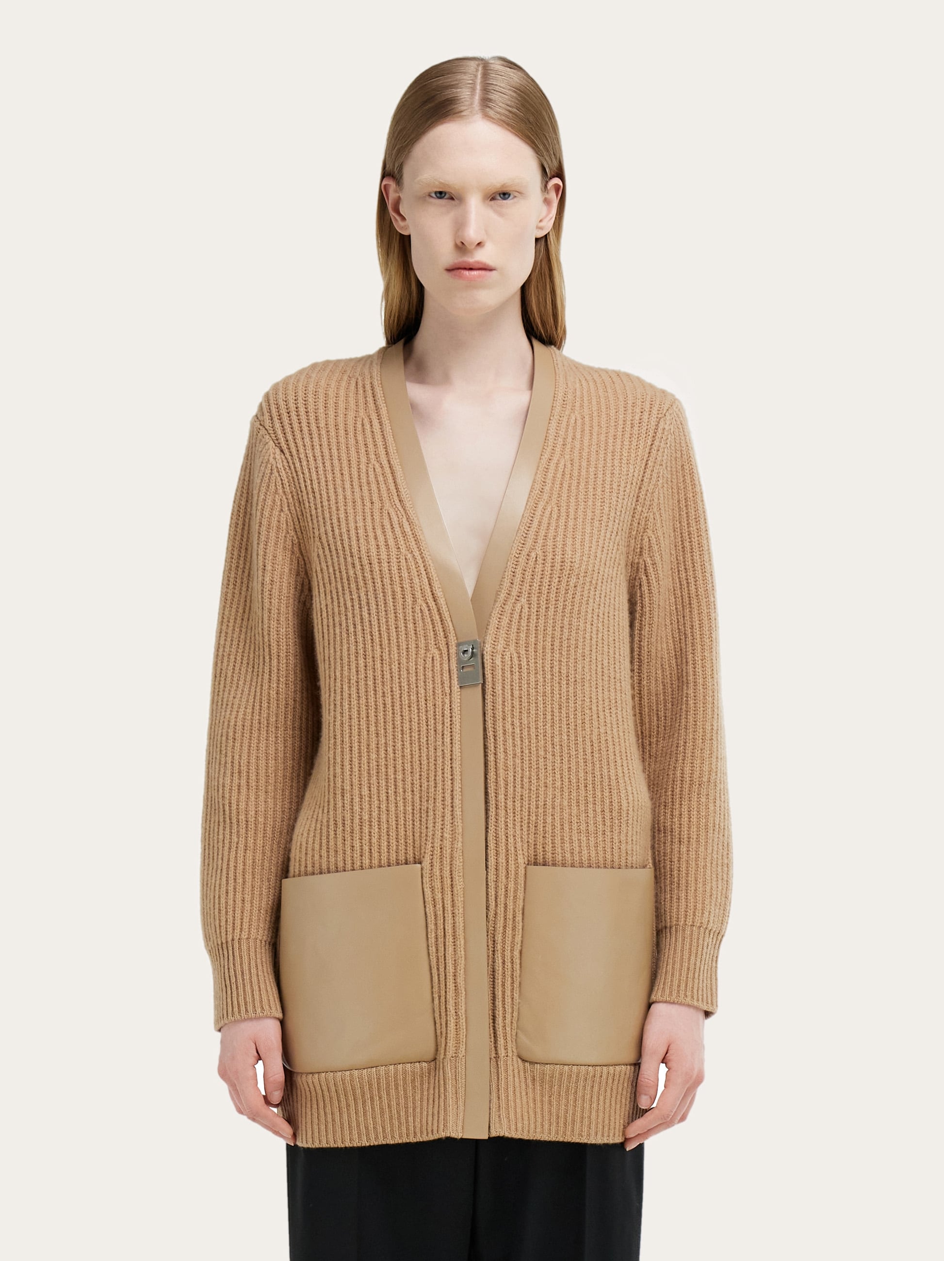 Longline cardigan with leather trims - Women | Ferragamo