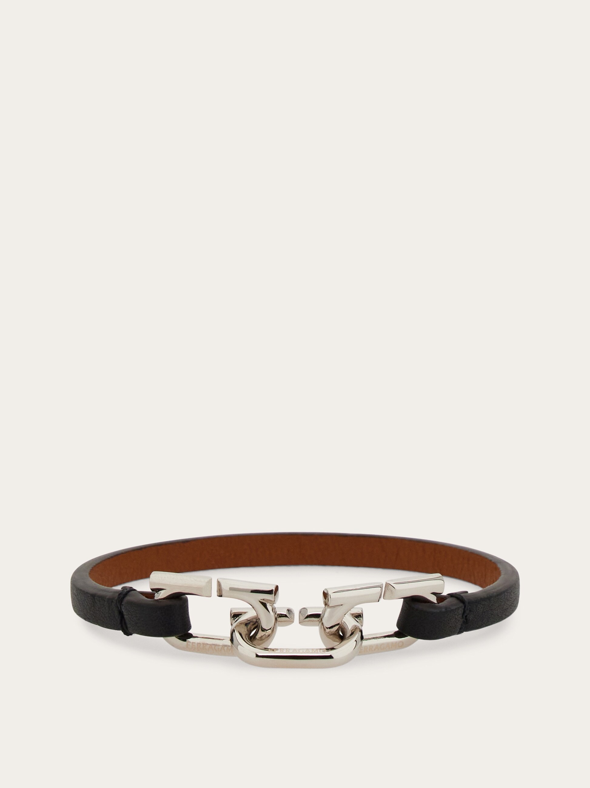 Salvatore Ferragamo Auth Black and Gold Leather Bracelet w/ Ferragamo dust bag Salvatore Ferragamo Vara Chain 2 Lotus Leather Metal Black  main image 3
