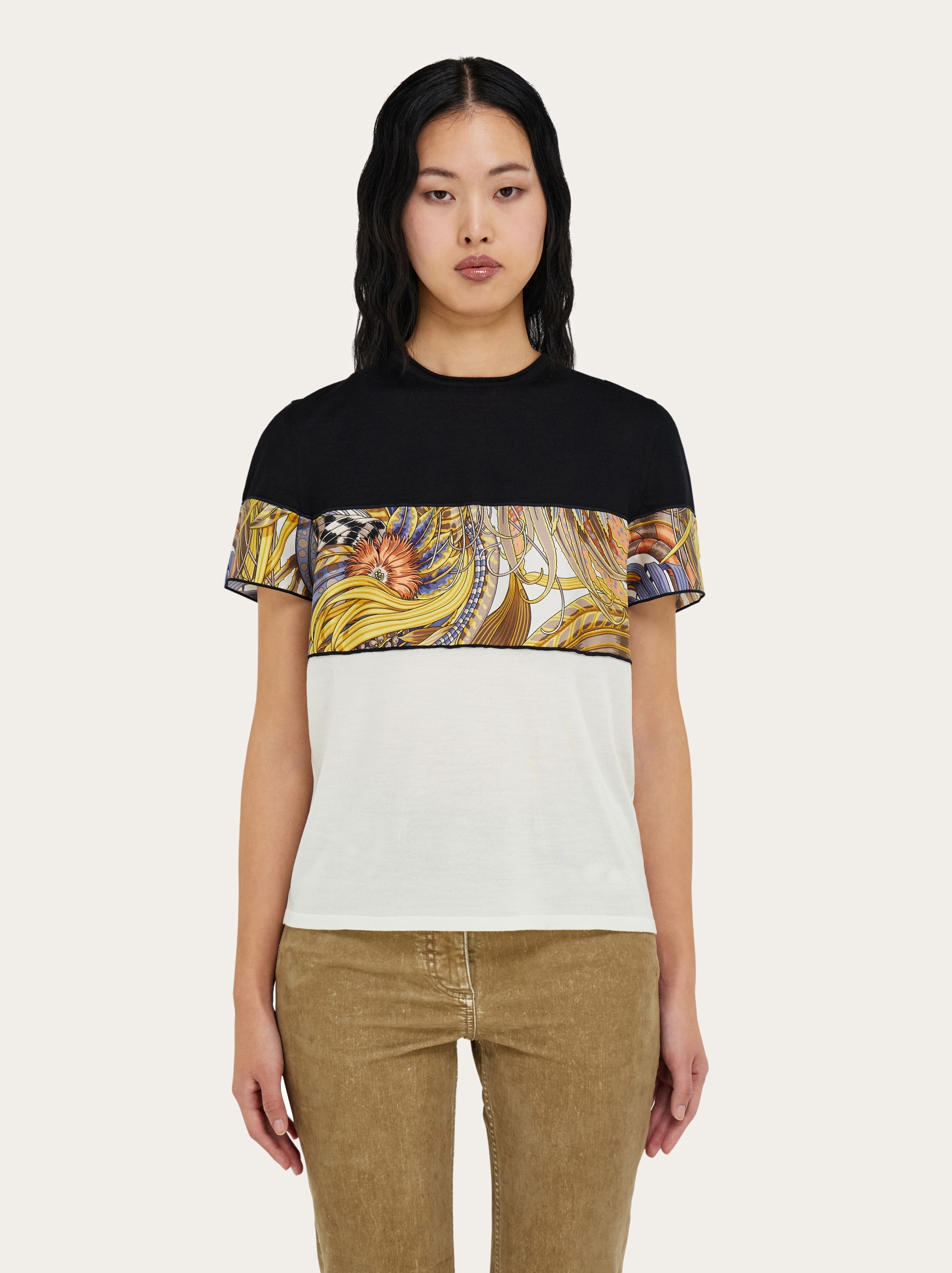 Crewneck T-shirt with silk inserts - Women | Ferragamo