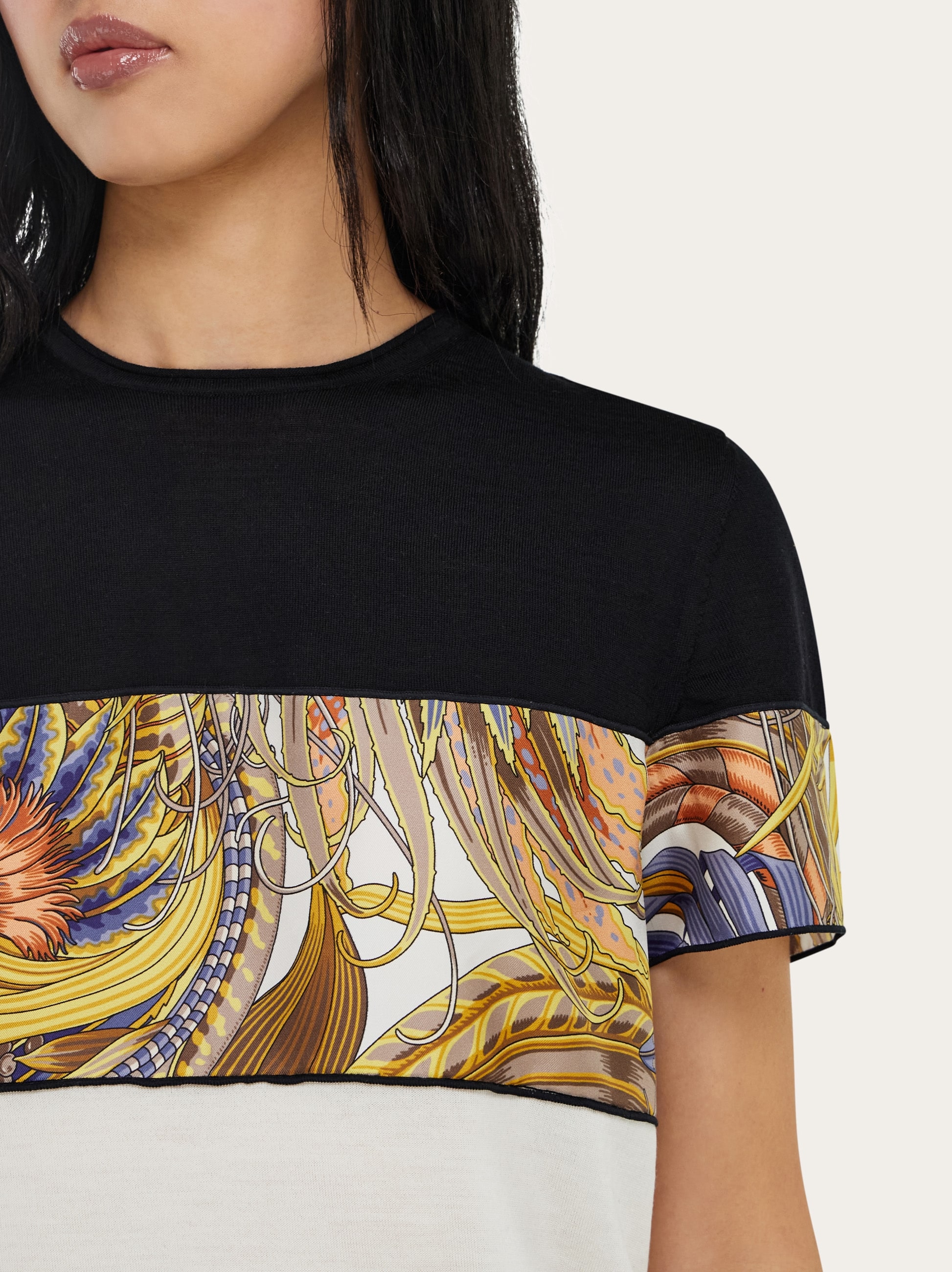 Crewneck T-shirt with silk inserts - Women | Ferragamo