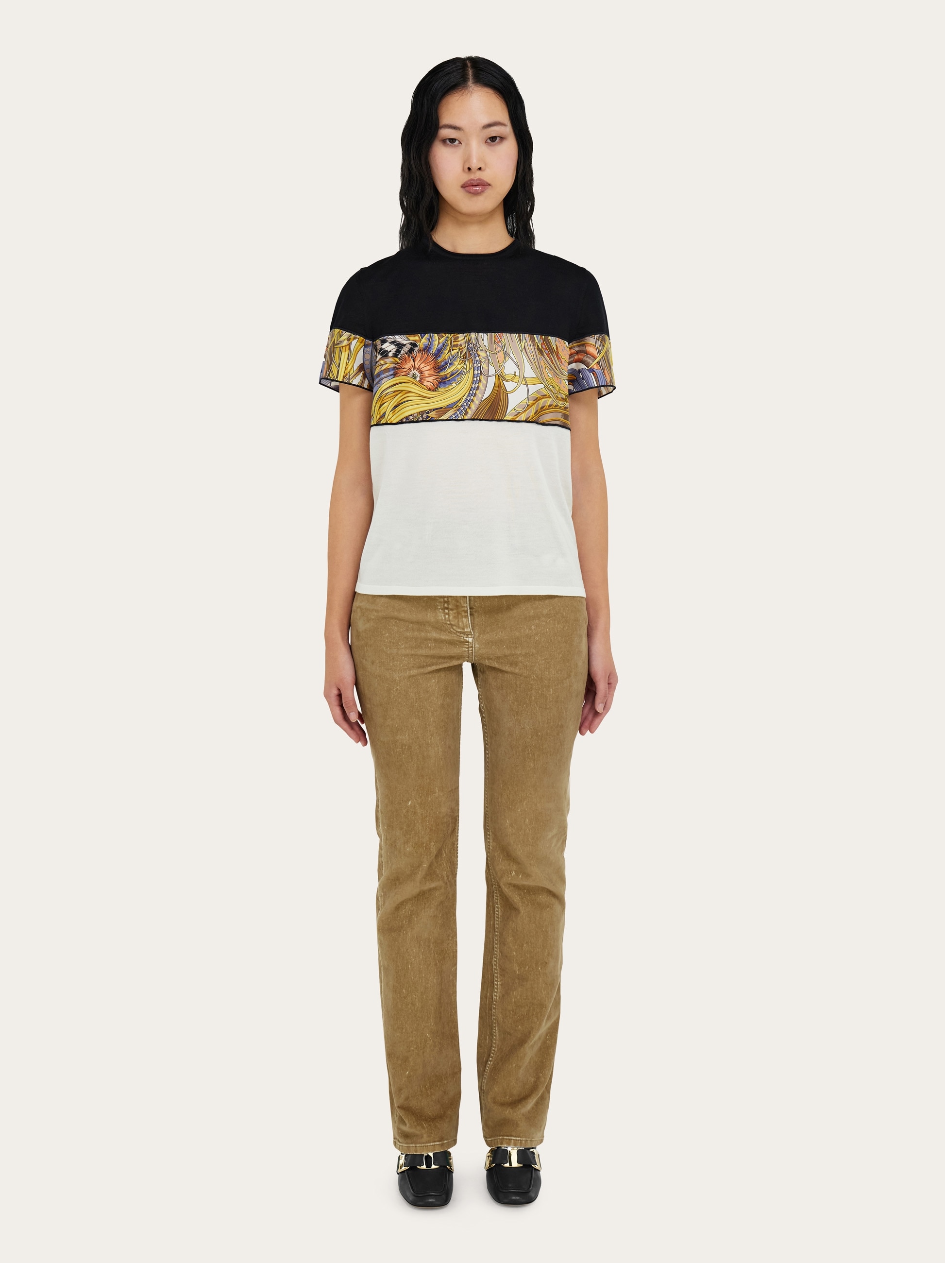 Crewneck T-shirt with silk inserts - Women | Ferragamo
