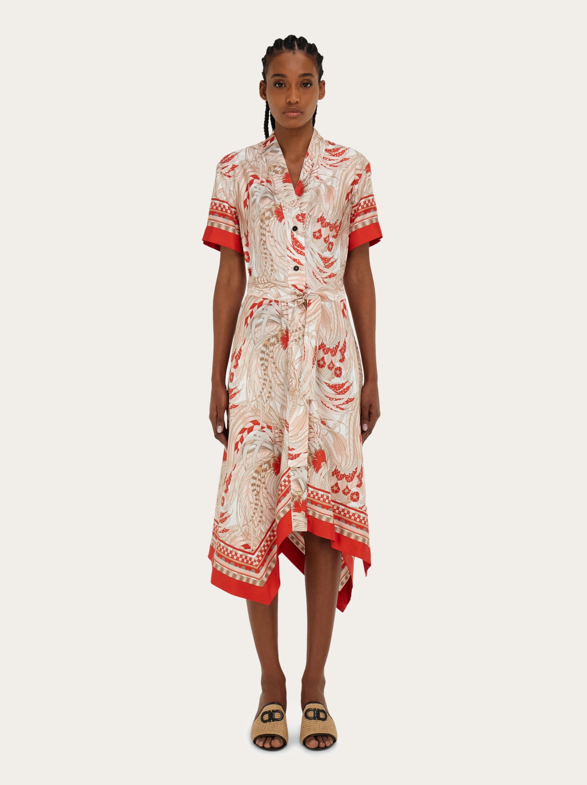 Ferragamo Women Rooster print asymmetric midi dress Orange