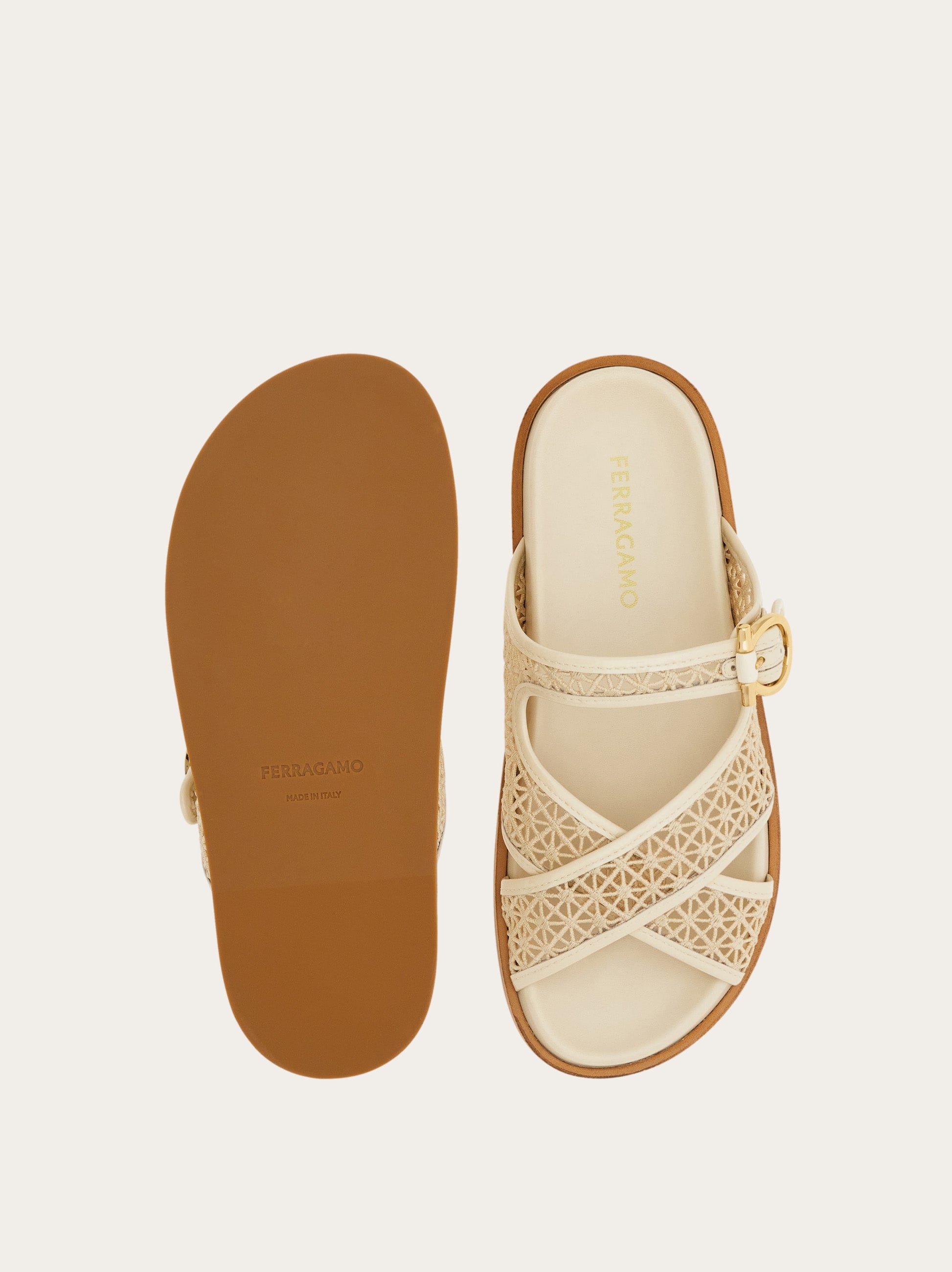 Ferragamo ベージュリボンミュール Gancini buckle crossover slide - Women | Ferragamo