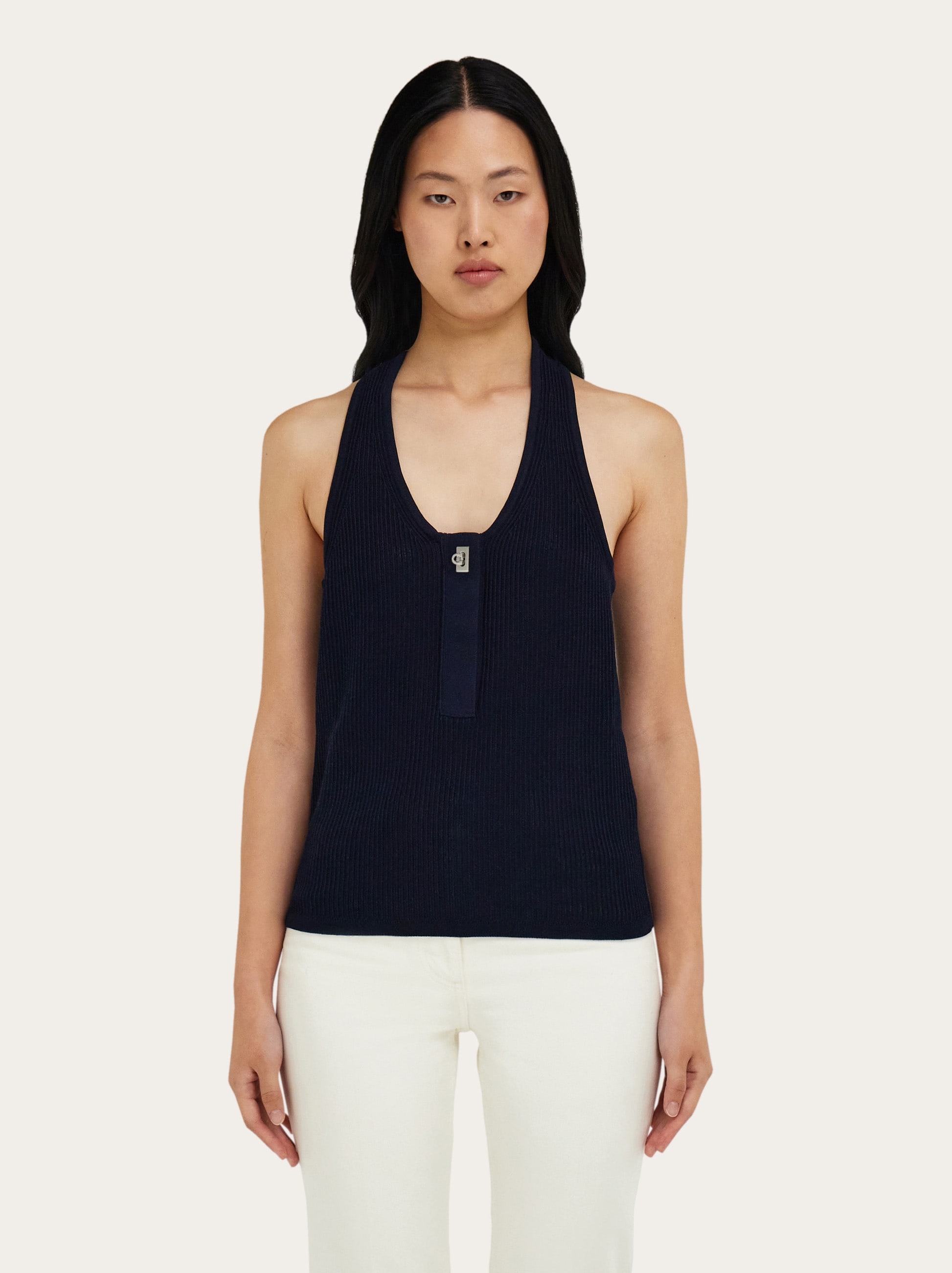 Salvatore Ferragamo シルク ニットタンクトップ ネイビー Knitted top - Women | Ferragamo