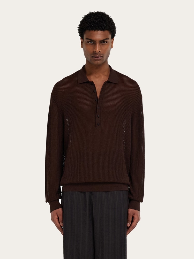 Long sleeve knitted silk polo shirt Gallery image 2