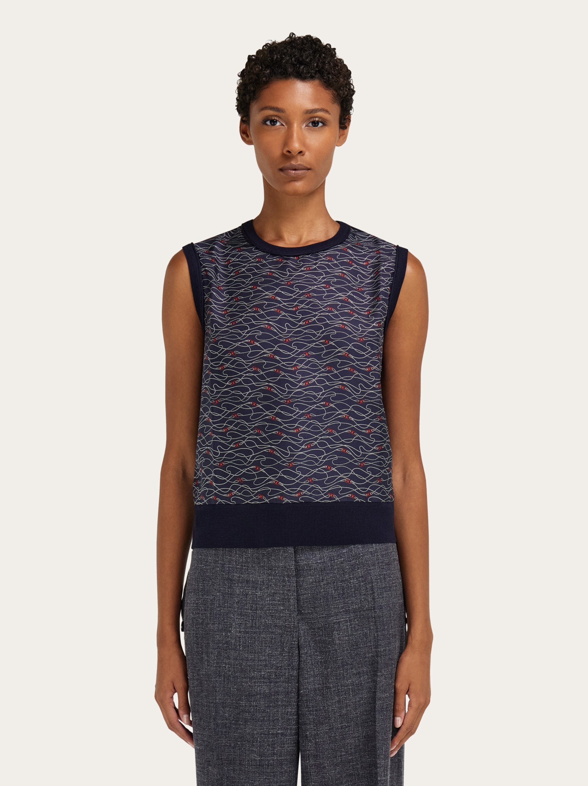 Salvatore Ferragamo シルク ニットタンクトップ ネイビー Knitted top with silk panel detail - Women | Ferragamo
