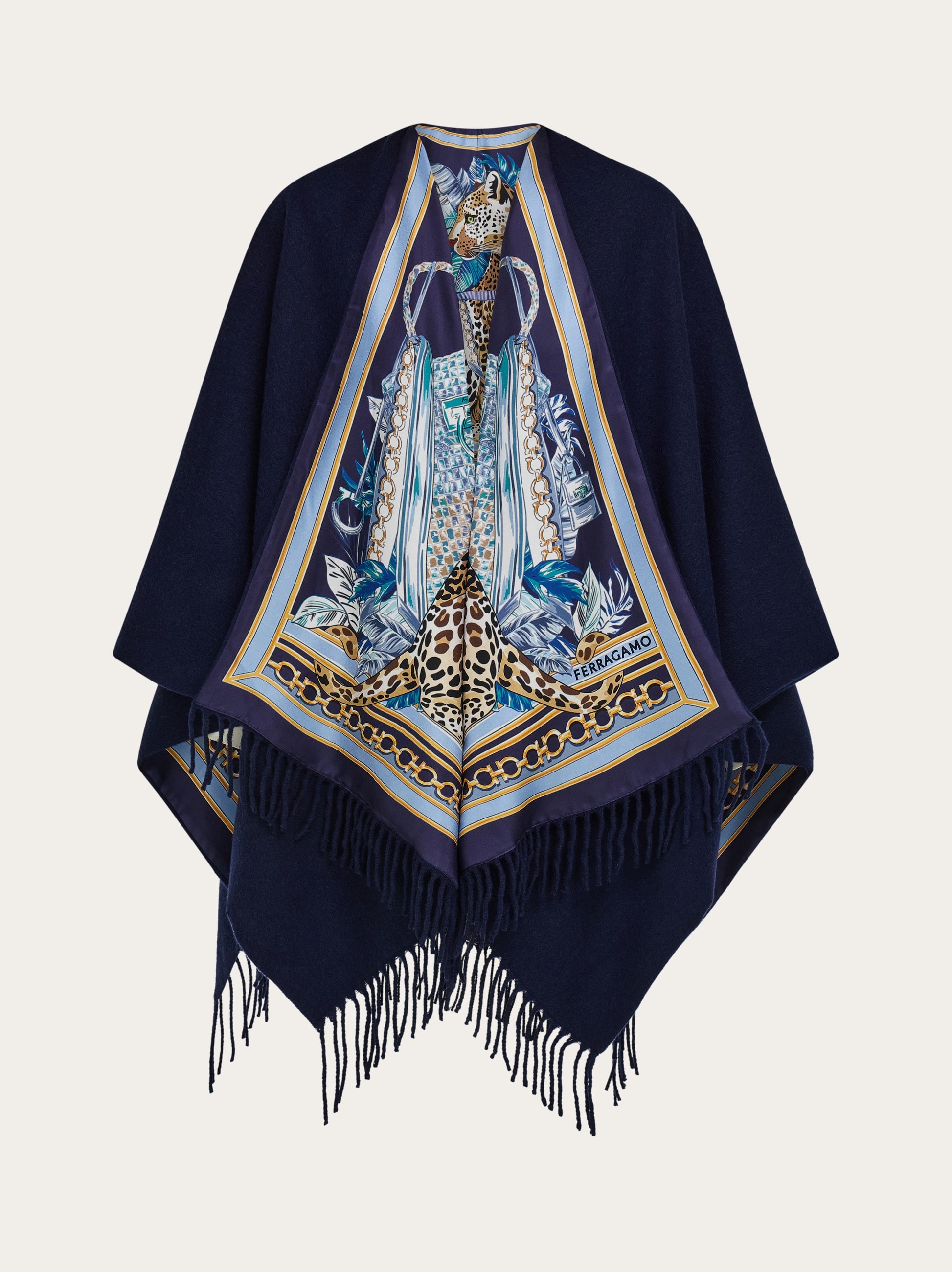 Salvatore Ferragamo ケープ Feline print cashmere and silk reversible cape - Women | Ferragamo