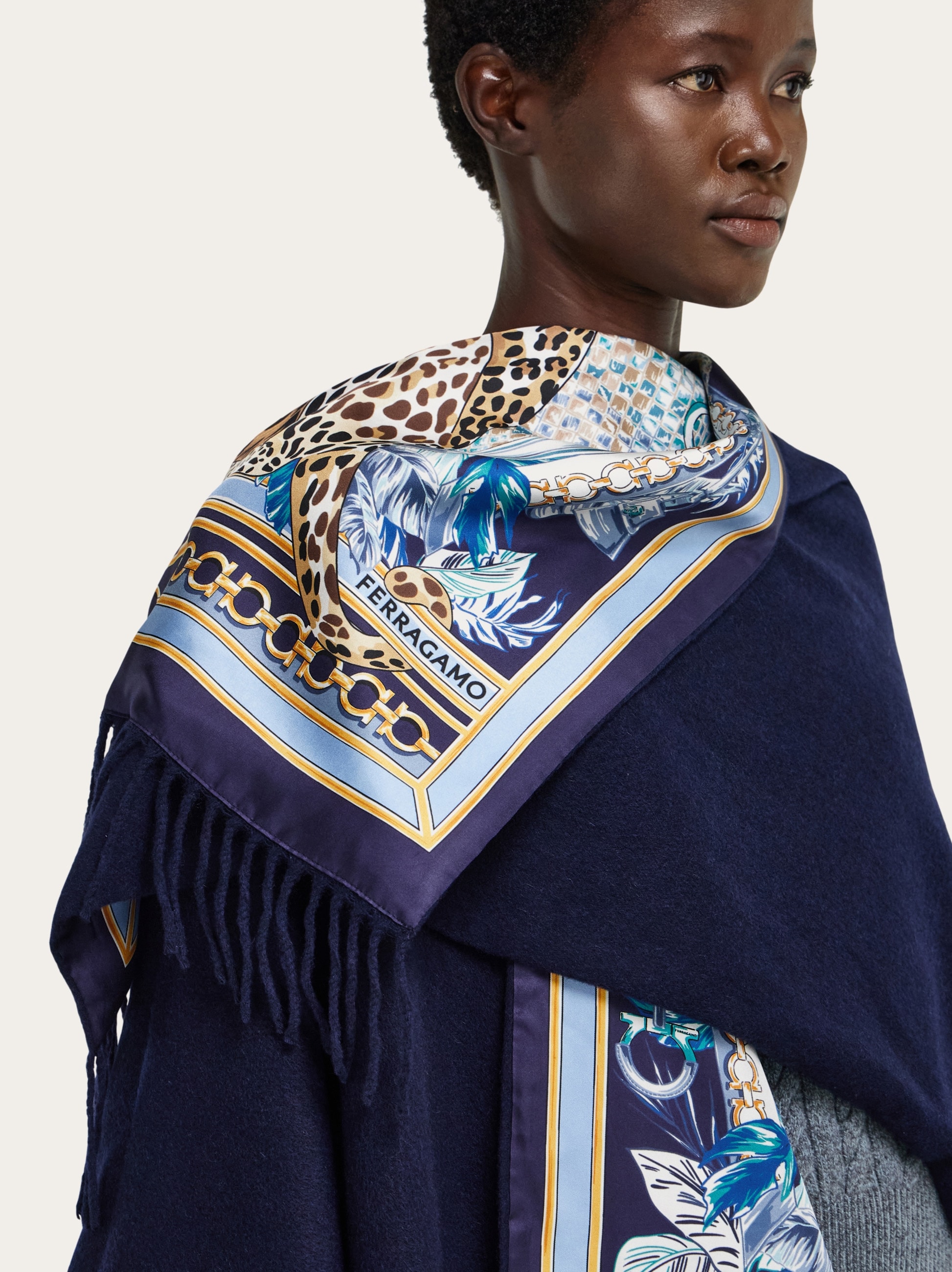 Feline print cashmere and silk reversible cape - Women | Ferragamo